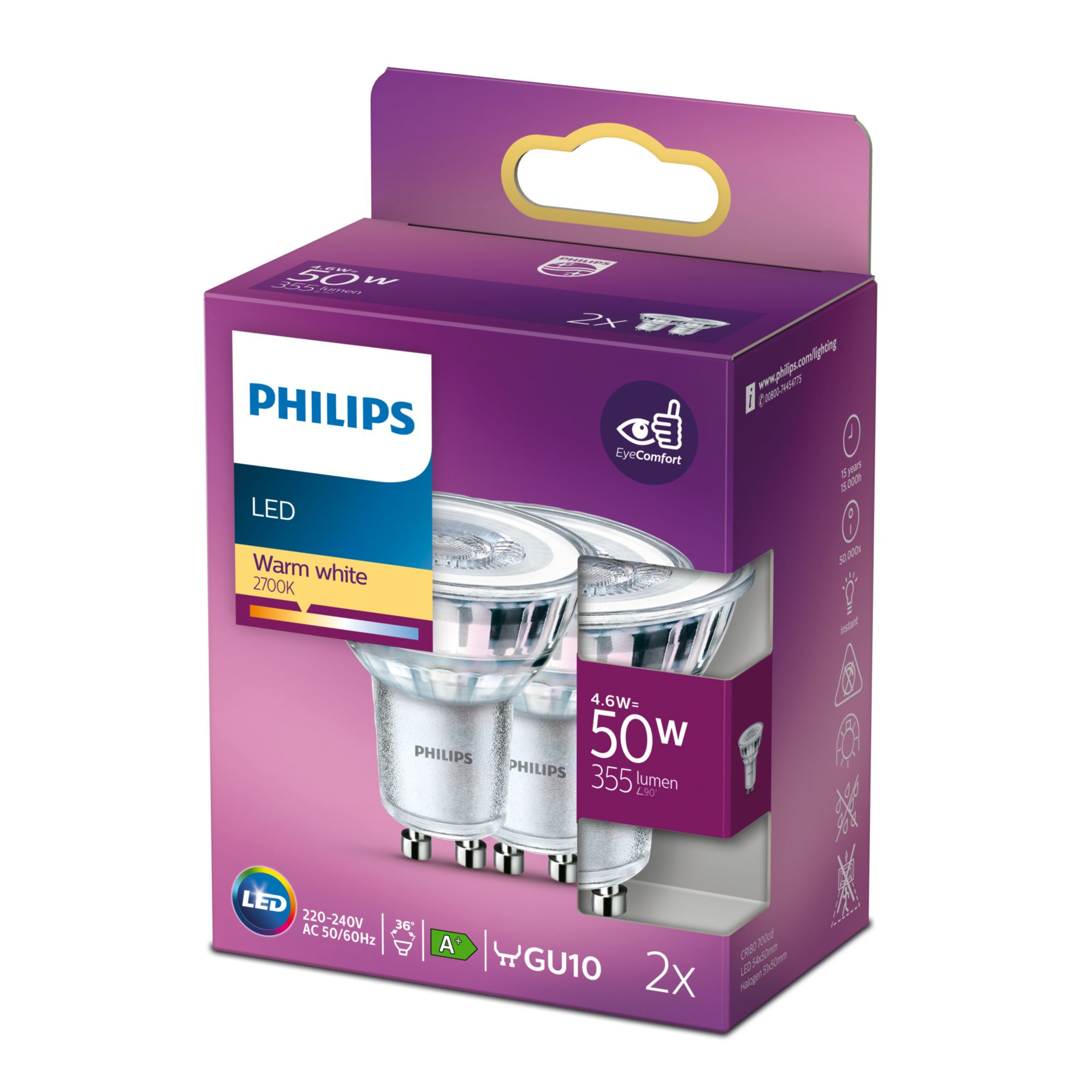 Foco Philips LED Cálido GU10 50W Pack 2 Foco Philips LED Cálido GU10 50W Pack 2