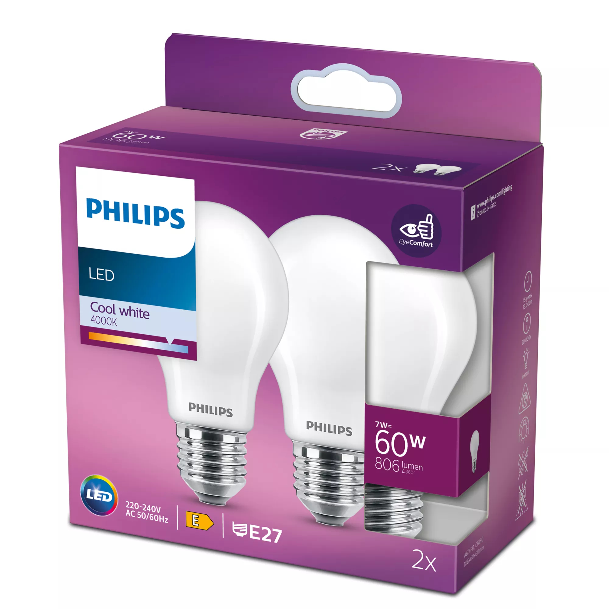 Bombilla Philips LED E27 806L 60W Pack 2 Bombilla Philips LED E27 806L 60W Pack 2