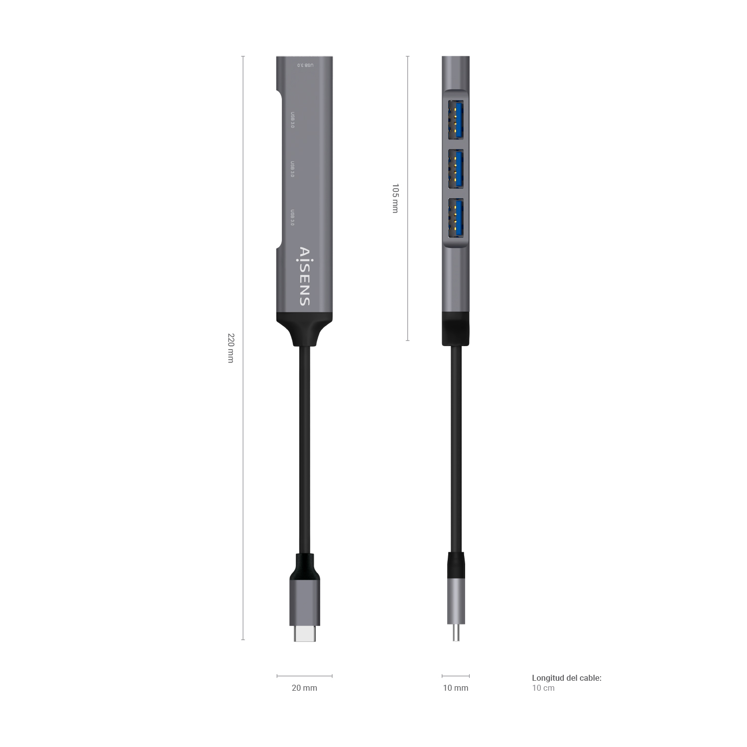 Hub AISENS USB-C 3.0 a 4xUSB-A 3.0 Gris Hub AISENS USB-C 3.0 a 4xUSB-A 3.0 Gris