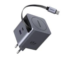 Cargador Ugreen GaN 65W Cable Retráctil Gris