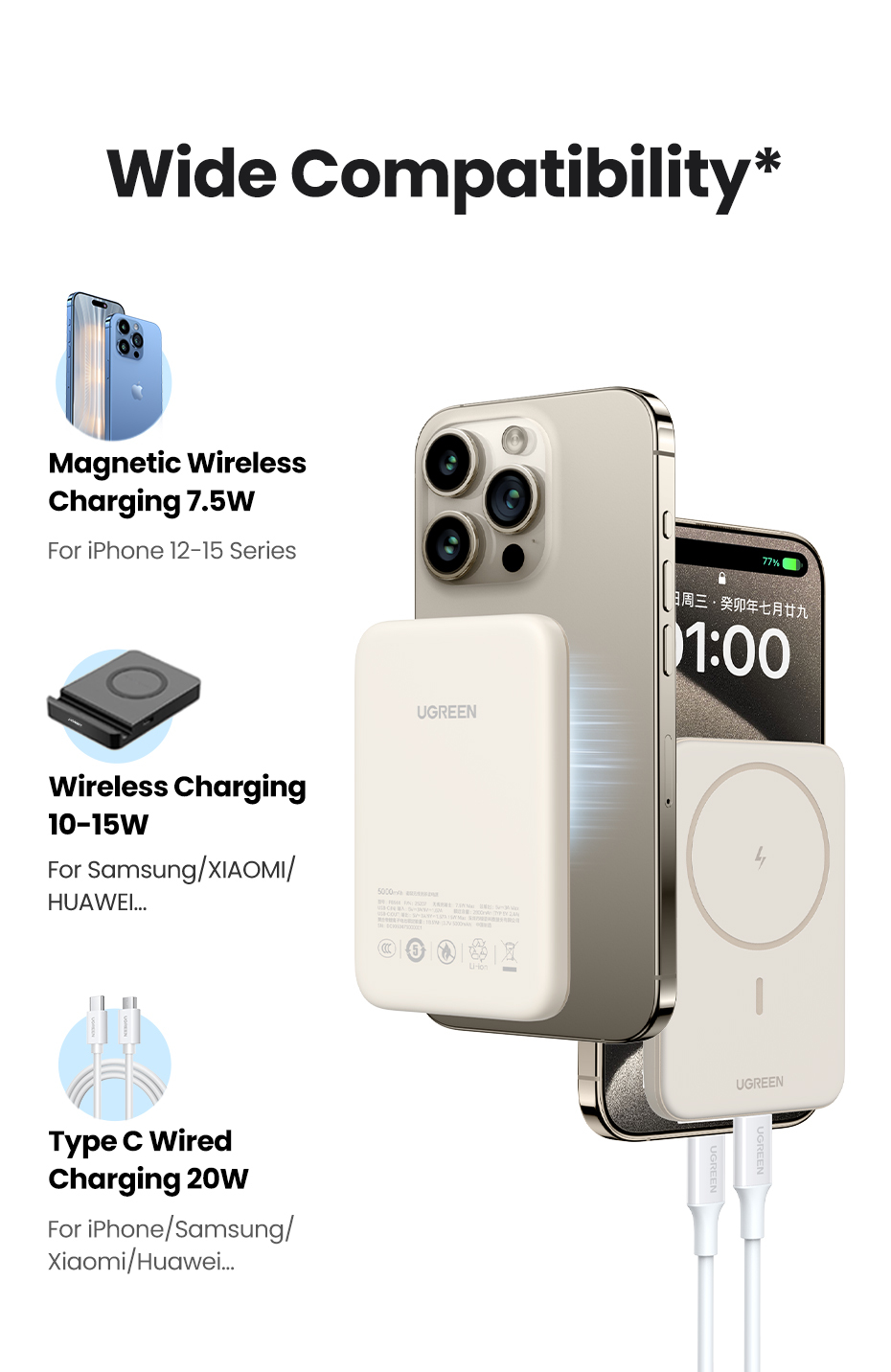 Powerbank Ugreen 10000mAh Inalámbrico Qi Beige Powerbank Ugreen 10000mAh Inalámbrico Qi Beige